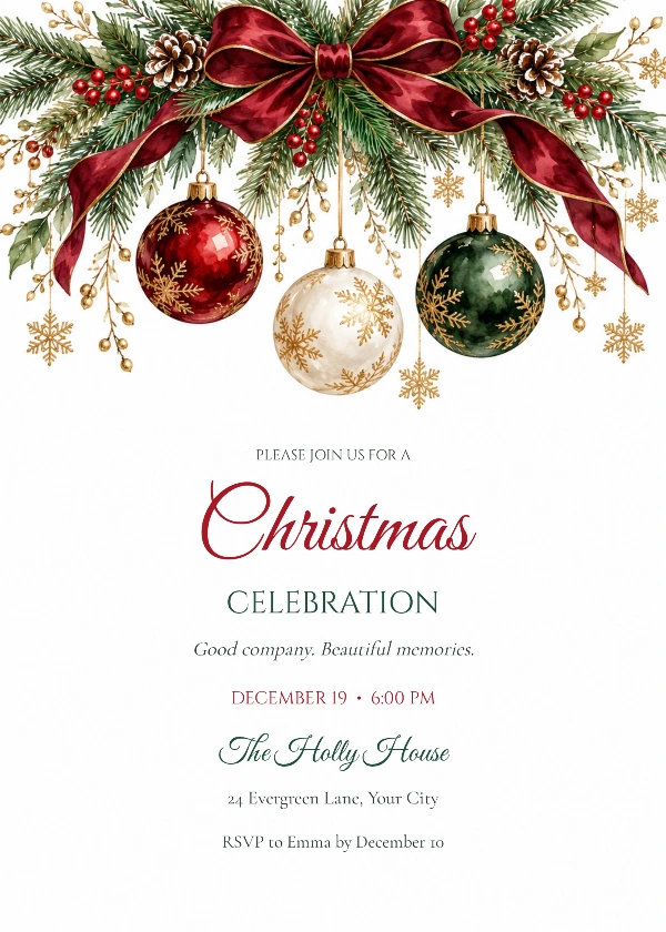Watercolor Baubles Christmas Party Invitation with stylish script and serif event wording