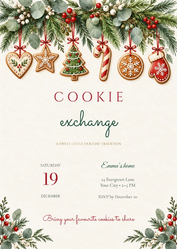 Watercolor Christmas Cookie Exchange Invitation with stylish script and serif event wording
