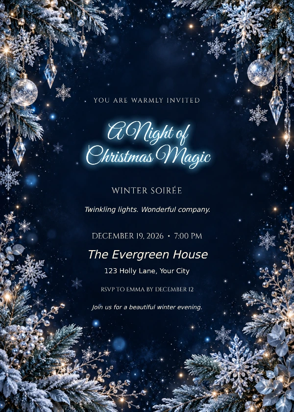 Winter Sparkle Christmas Party Invitation with glowing A Night of Christmas Magic headline